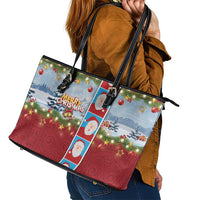 Merry Christmas Leather Tote Bag Funny Santa Claus Cards Photo and Polynesian Pattern Red Color LT03 - Polynesian Pride