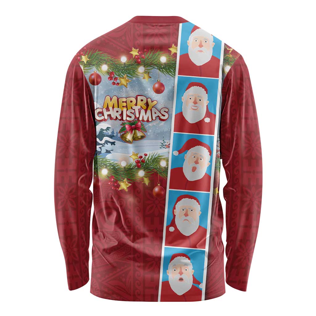 Merry Christmas Long Sleeve Shirt Funny Santa Claus Cards Photo and Polynesian Pattern Red Color