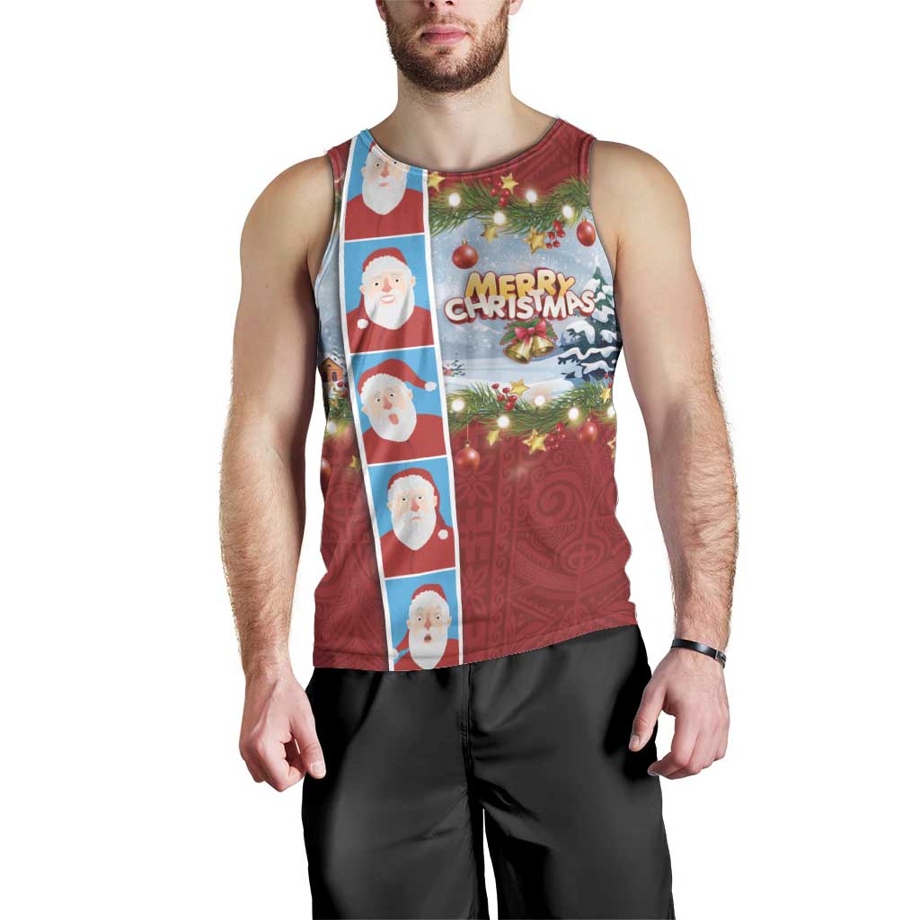 Merry Christmas Men Tank Top Funny Santa Claus Cards Photo and Polynesian Pattern Red Color