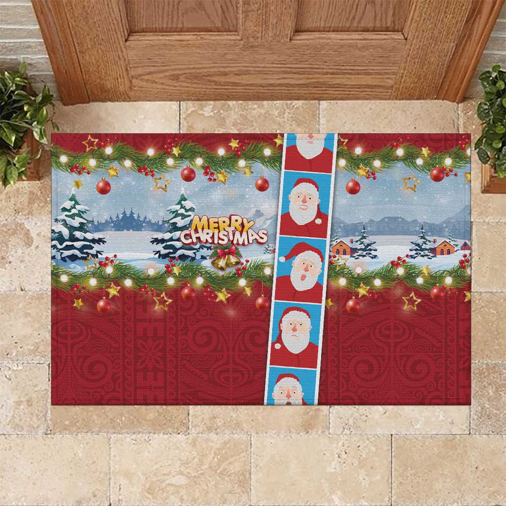 Merry Christmas Rubber Doormat Funny Santa Claus Cards Photo and Polynesian Pattern Red Color