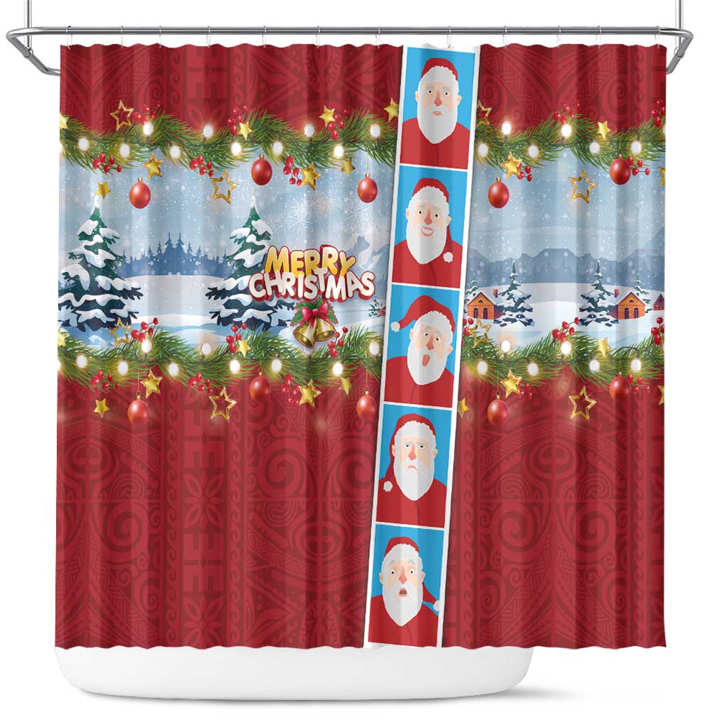 Merry Christmas Shower Curtain Funny Santa Claus Cards Photo and Polynesian Pattern Red Color