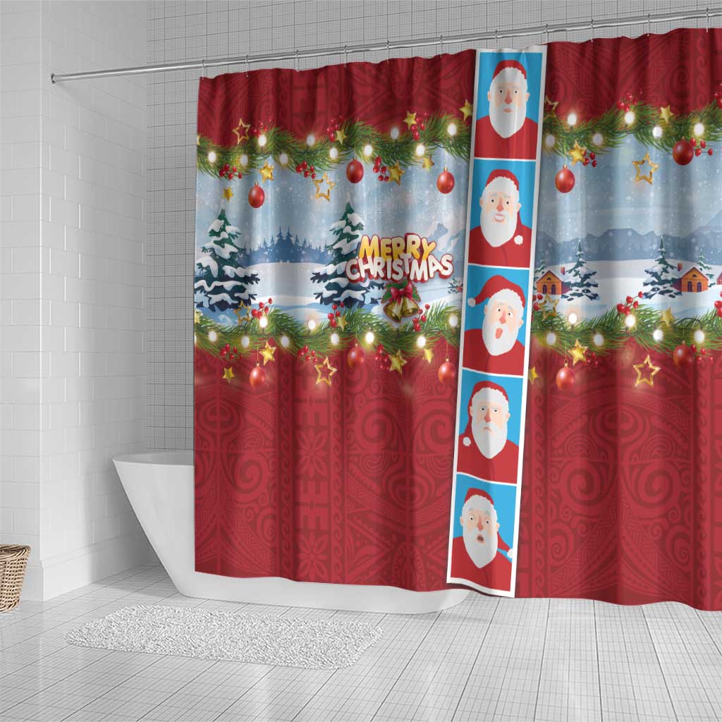 Merry Christmas Shower Curtain Funny Santa Claus Cards Photo and Polynesian Pattern Red Color LT03 - Polynesian Pride
