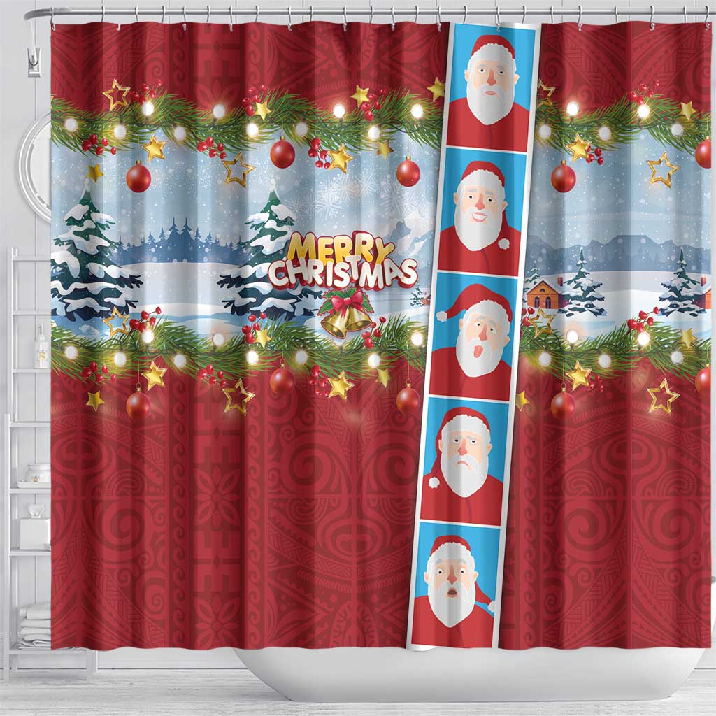 Merry Christmas Shower Curtain Funny Santa Claus Cards Photo and Polynesian Pattern Red Color LT03 - Polynesian Pride