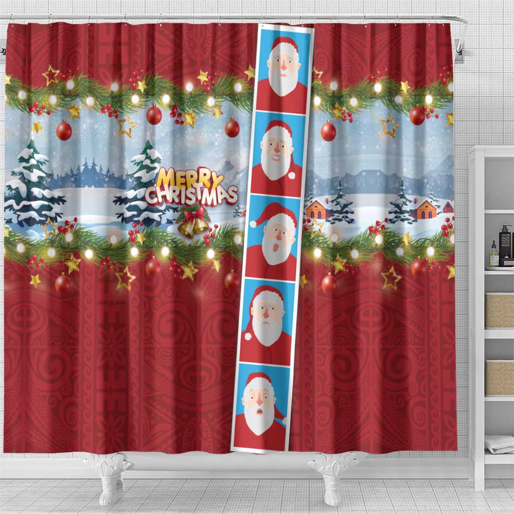 Merry Christmas Shower Curtain Funny Santa Claus Cards Photo and Polynesian Pattern Red Color LT03 - Polynesian Pride
