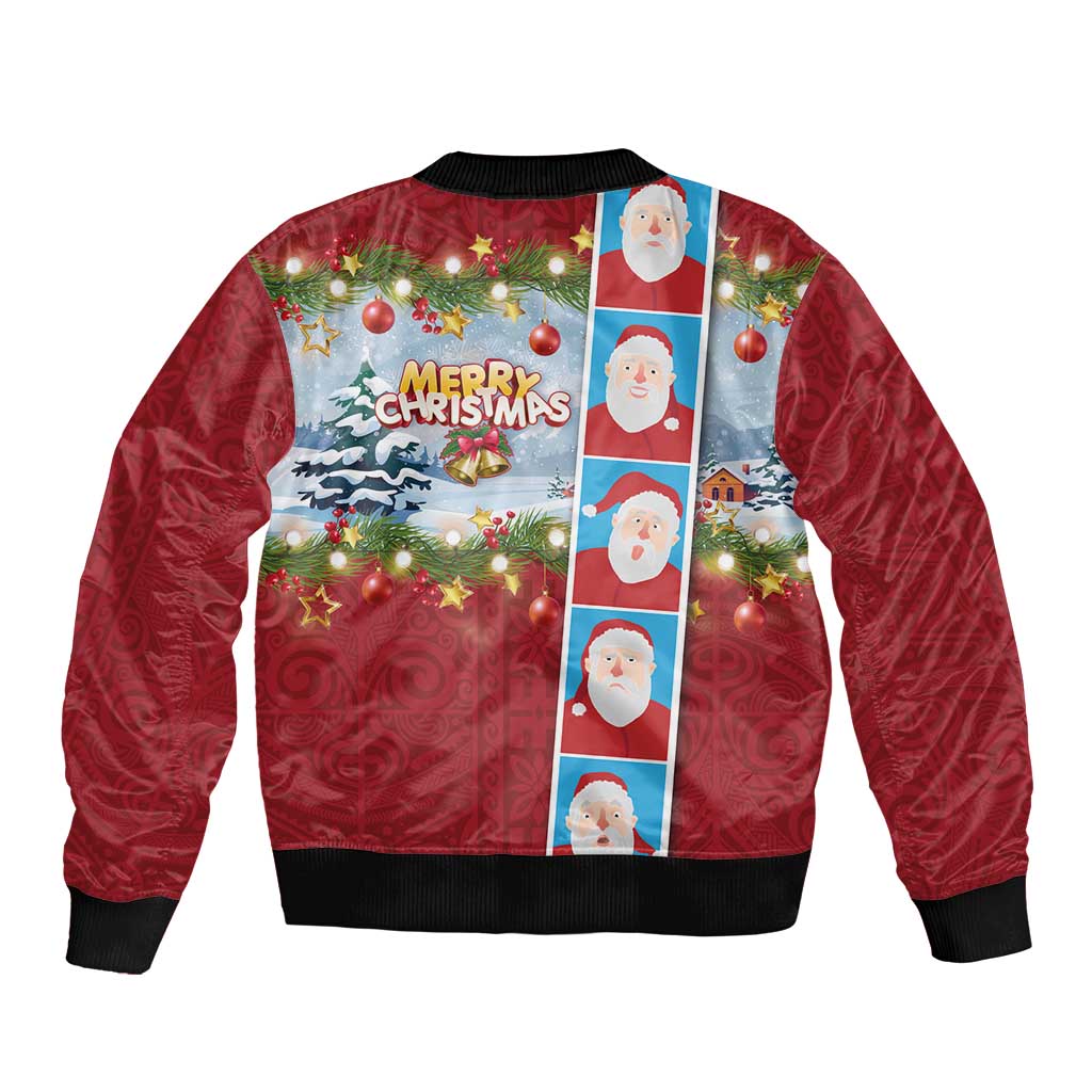 Merry Christmas Sleeve Zip Bomber Jacket Funny Santa Claus Cards Photo and Polynesian Pattern Red Color