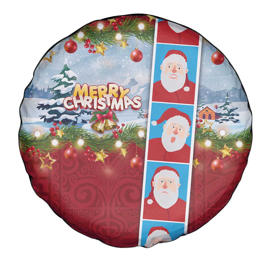Merry Christmas Spare Tire Cover Funny Santa Claus Cards Photo and Polynesian Pattern Red Color