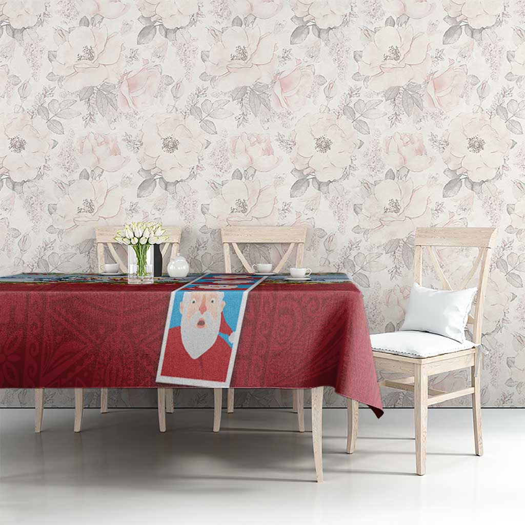 Merry Christmas Tablecloth Funny Santa Claus Cards Photo and Polynesian Pattern Red Color
