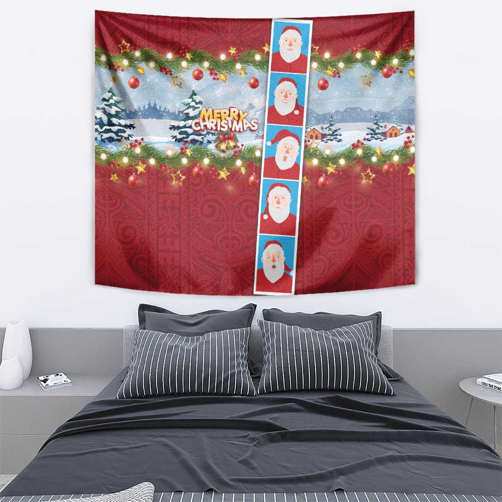 Merry Christmas Tapestry Funny Santa Claus Cards Photo and Polynesian Pattern Red Color