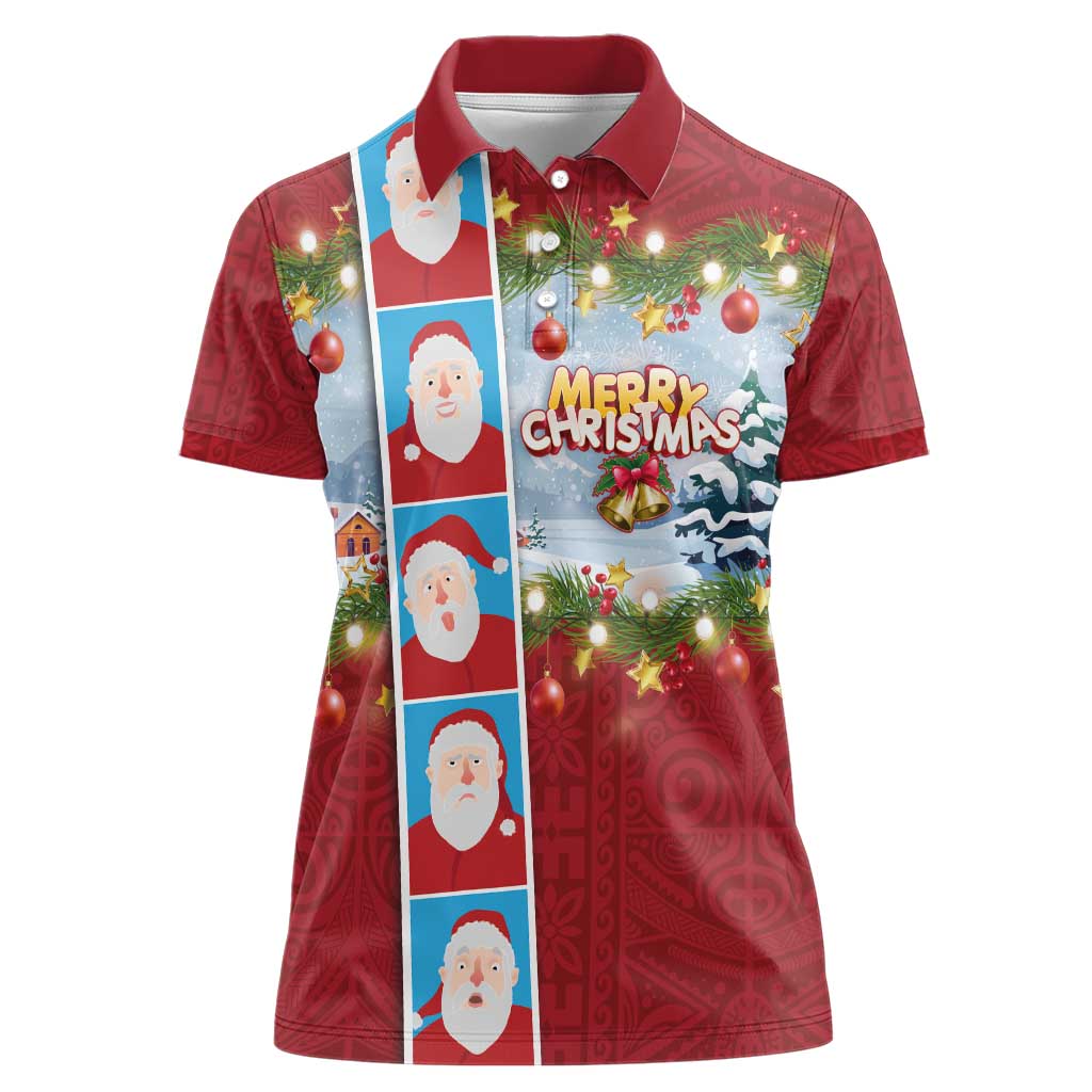 Merry Christmas Women Polo Shirt Funny Santa Claus Cards Photo and Polynesian Pattern Red Color