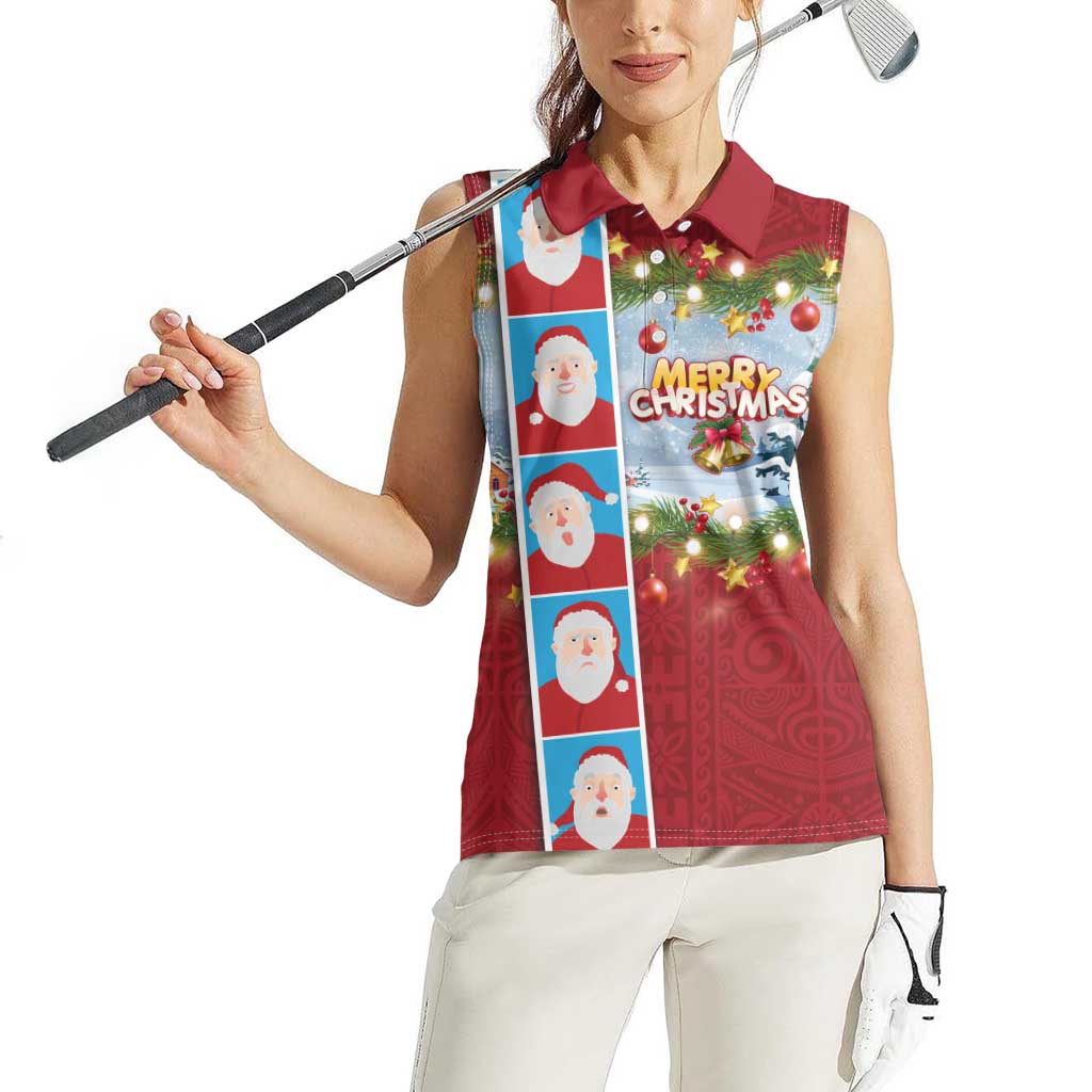 Merry Christmas Women Sleeveless Polo Shirt Funny Santa Claus Cards Photo and Polynesian Pattern Red Color
