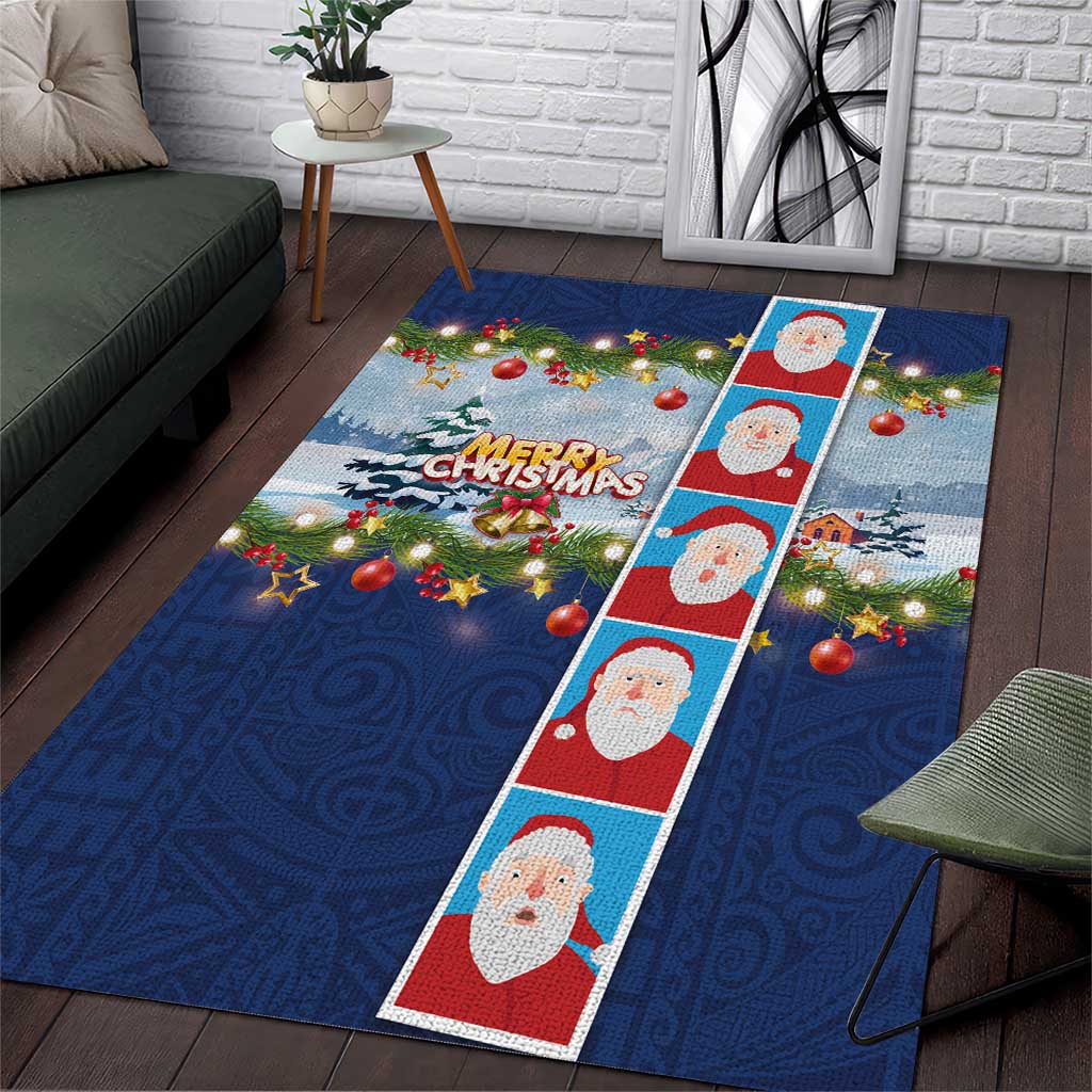 Merry Christmas Area Rug Funny Santa Claus Cards Photo and Polynesian Pattern Blue Color LT03