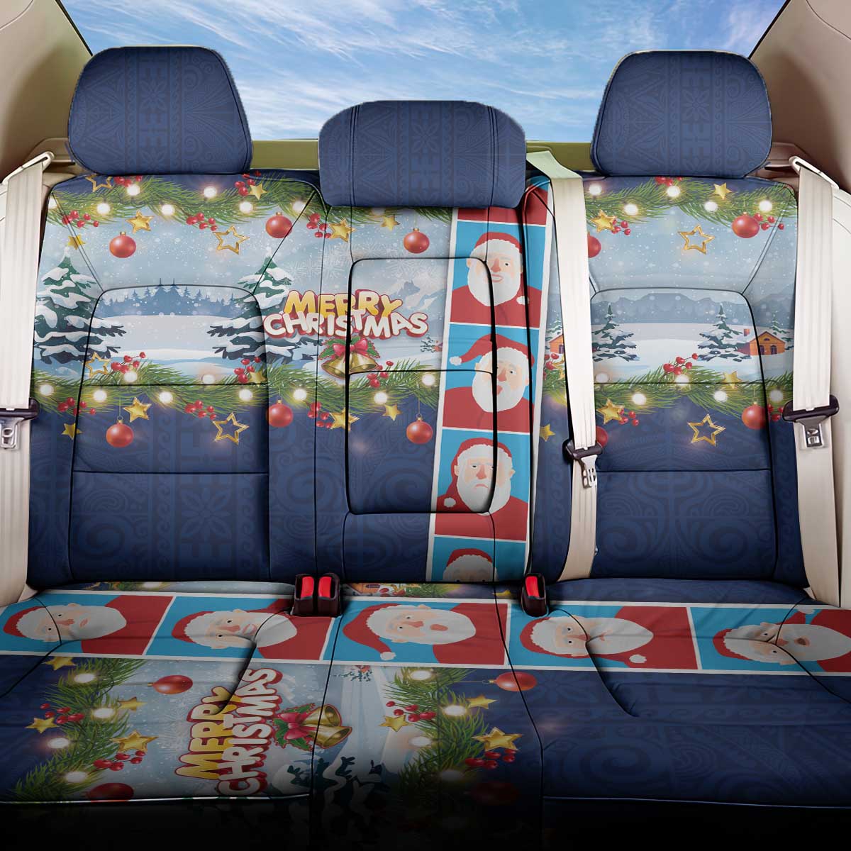 Merry Christmas Back Car Seat Cover Funny Santa Claus Cards Photo and Polynesian Pattern Blue Color LT03