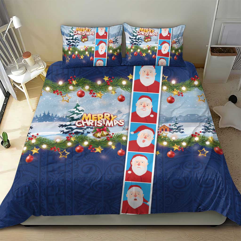 Merry Christmas Bedding Set Funny Santa Claus Cards Photo and Polynesian Pattern Blue Color LT03