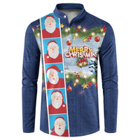 Merry Christmas Button Sweatshirt Funny Santa Claus Cards Photo and Polynesian Pattern Blue Color LT03 Blue - Polynesian Pride