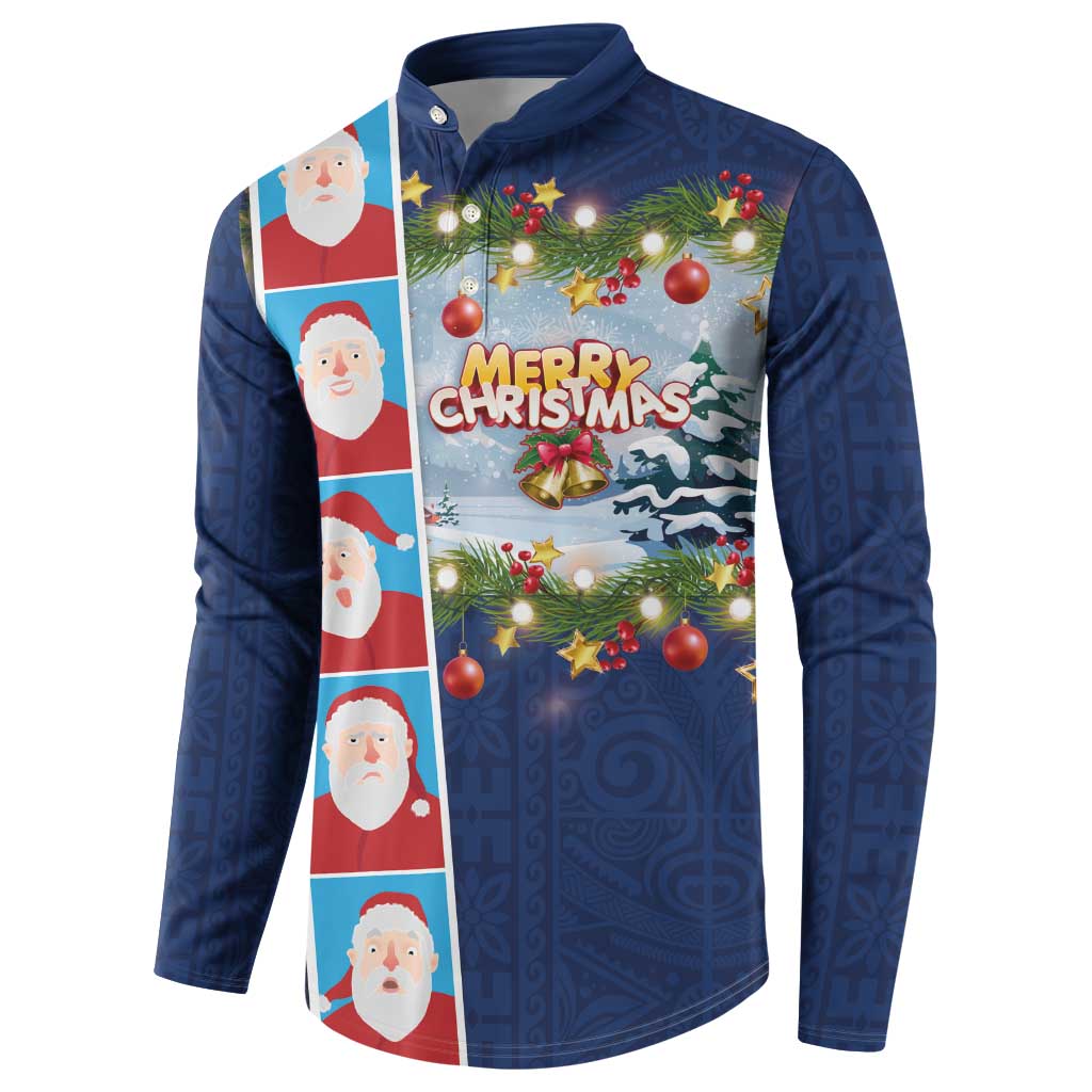 Merry Christmas Button Sweatshirt Funny Santa Claus Cards Photo and Polynesian Pattern Blue Color LT03 - Polynesian Pride