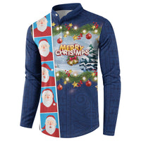Merry Christmas Button Sweatshirt Funny Santa Claus Cards Photo and Polynesian Pattern Blue Color LT03 - Polynesian Pride