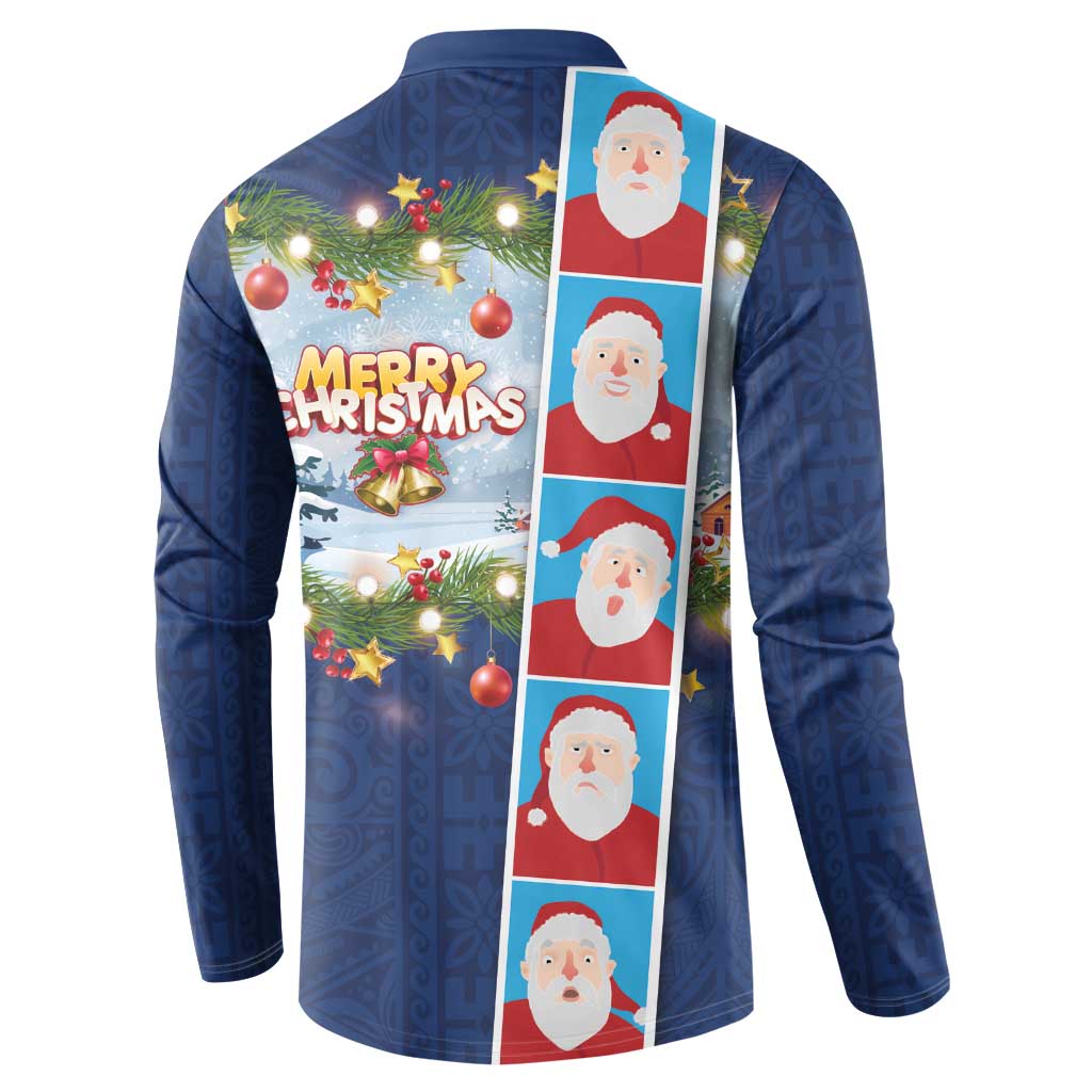 Merry Christmas Button Sweatshirt Funny Santa Claus Cards Photo and Polynesian Pattern Blue Color LT03 - Polynesian Pride