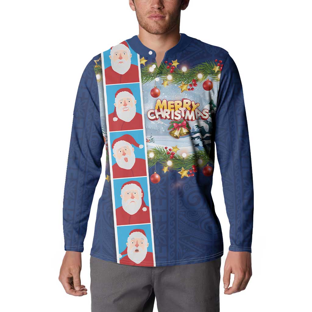 Merry Christmas Button Sweatshirt Funny Santa Claus Cards Photo and Polynesian Pattern Blue Color LT03 - Polynesian Pride