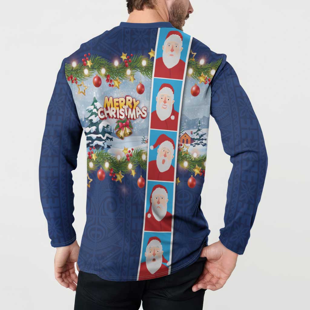 Merry Christmas Button Sweatshirt Funny Santa Claus Cards Photo and Polynesian Pattern Blue Color LT03 - Polynesian Pride