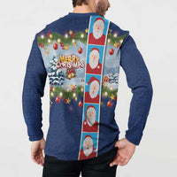 Merry Christmas Button Sweatshirt Funny Santa Claus Cards Photo and Polynesian Pattern Blue Color LT03 - Polynesian Pride