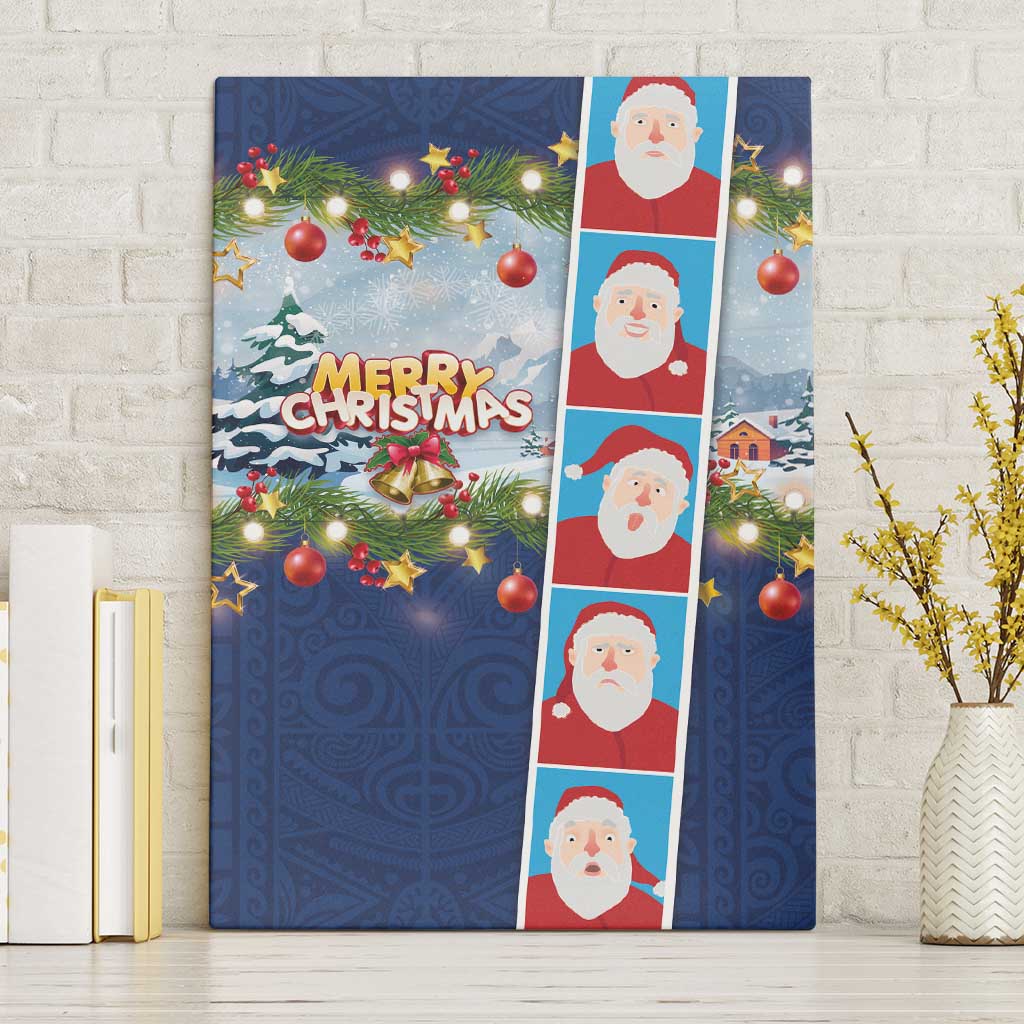 Merry Christmas Canvas Wall Art Funny Santa Claus Cards Photo and Polynesian Pattern Blue Color LT03