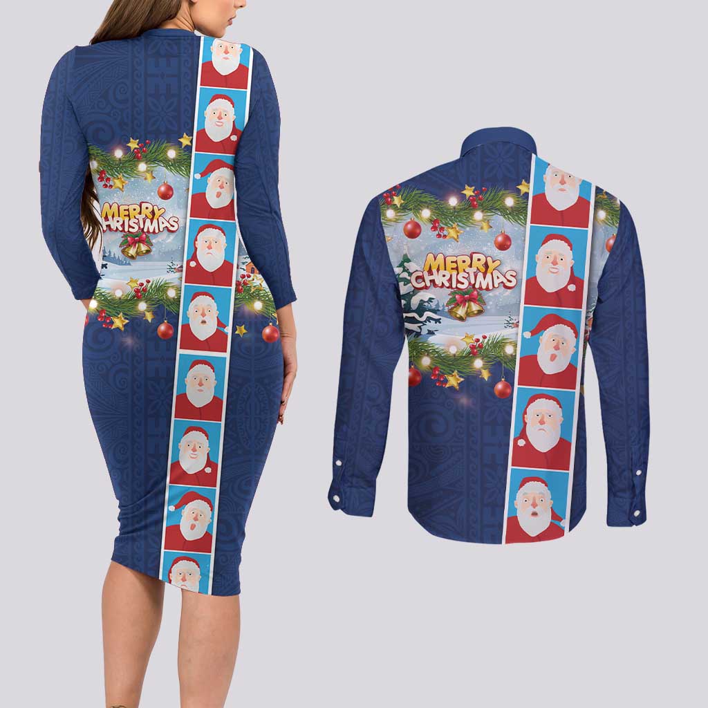 Merry Christmas Couples Matching Long Sleeve Bodycon Dress and Long Sleeve Button Shirt Funny Santa Claus Cards Photo and Polynesian Pattern Blue Color