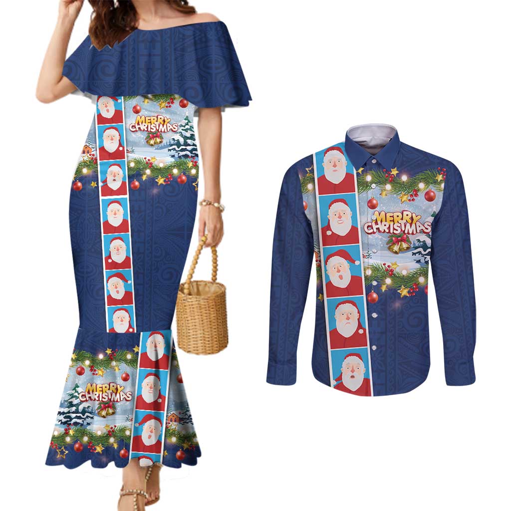 Merry Christmas Couples Matching Mermaid Dress and Long Sleeve Button Shirt Funny Santa Claus Cards Photo and Polynesian Pattern Blue Color