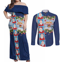 Merry Christmas Couples Matching Off Shoulder Maxi Dress and Long Sleeve Button Shirt Funny Santa Claus Cards Photo and Polynesian Pattern Blue Color