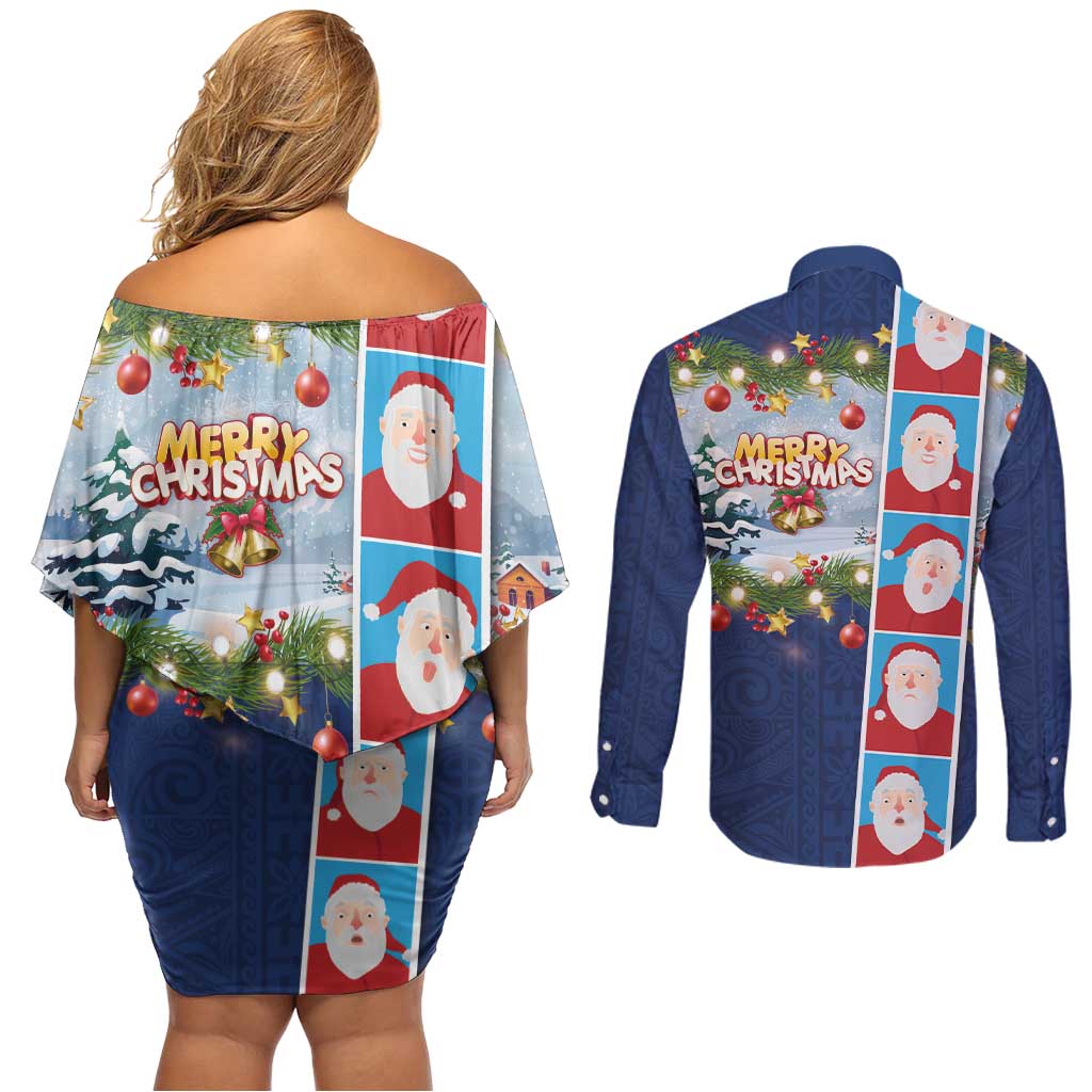 Merry Christmas Couples Matching Off Shoulder Short Dress and Long Sleeve Button Shirt Funny Santa Claus Cards Photo and Polynesian Pattern Blue Color
