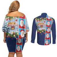 Merry Christmas Couples Matching Off Shoulder Short Dress and Long Sleeve Button Shirt Funny Santa Claus Cards Photo and Polynesian Pattern Blue Color