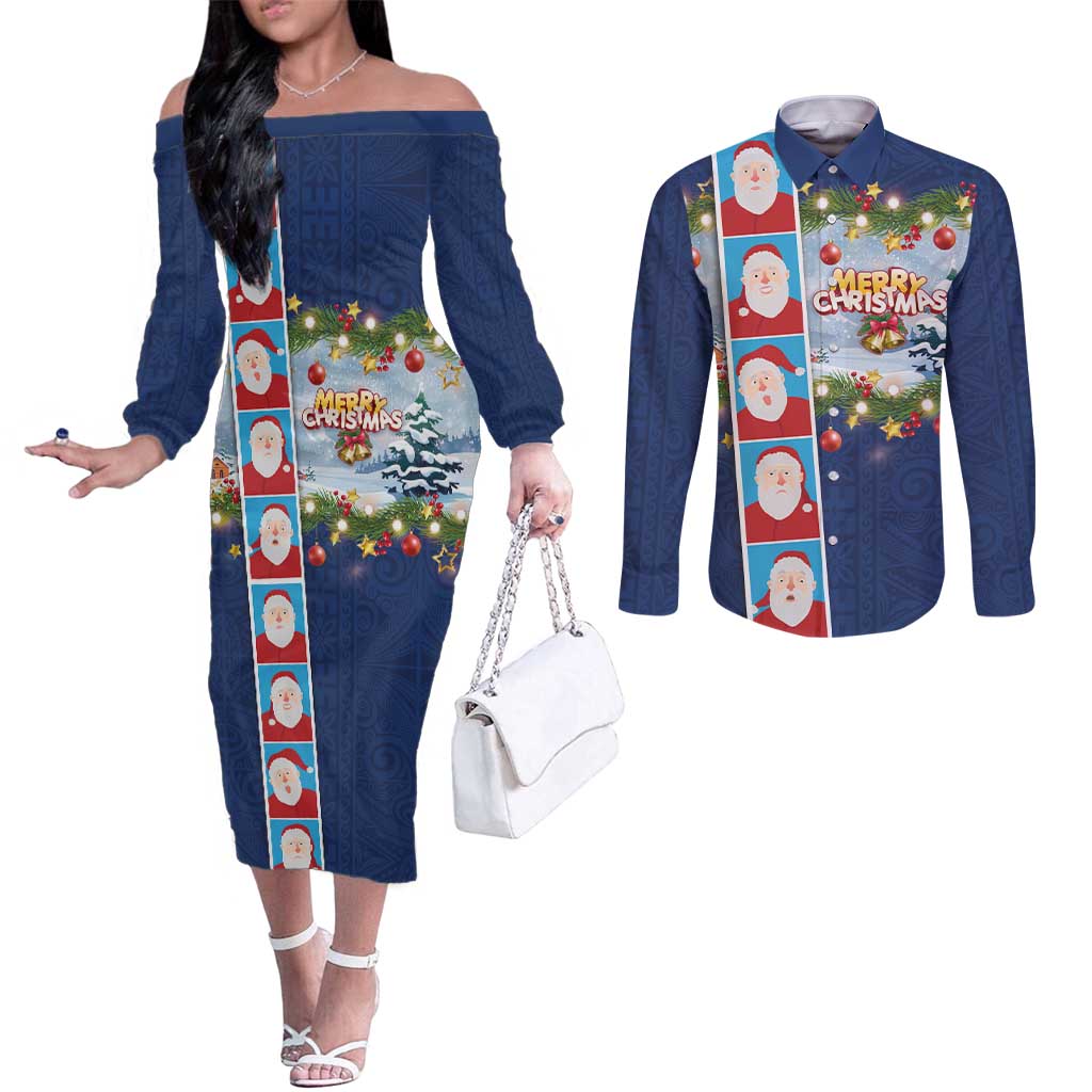 Merry Christmas Couples Matching Off The Shoulder Long Sleeve Dress and Long Sleeve Button Shirt Funny Santa Claus Cards Photo and Polynesian Pattern Blue Color
