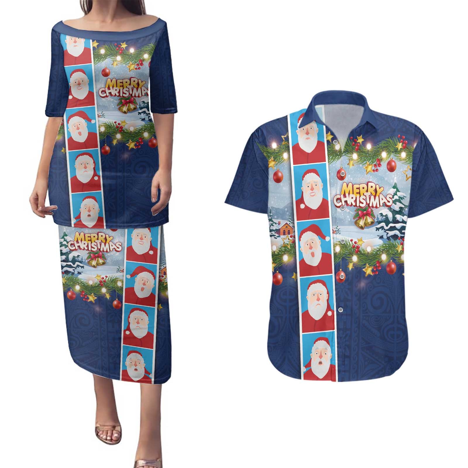 Merry Christmas Couples Matching Puletasi and Hawaiian Shirt Funny Santa Claus Cards Photo and Polynesian Pattern Blue Color