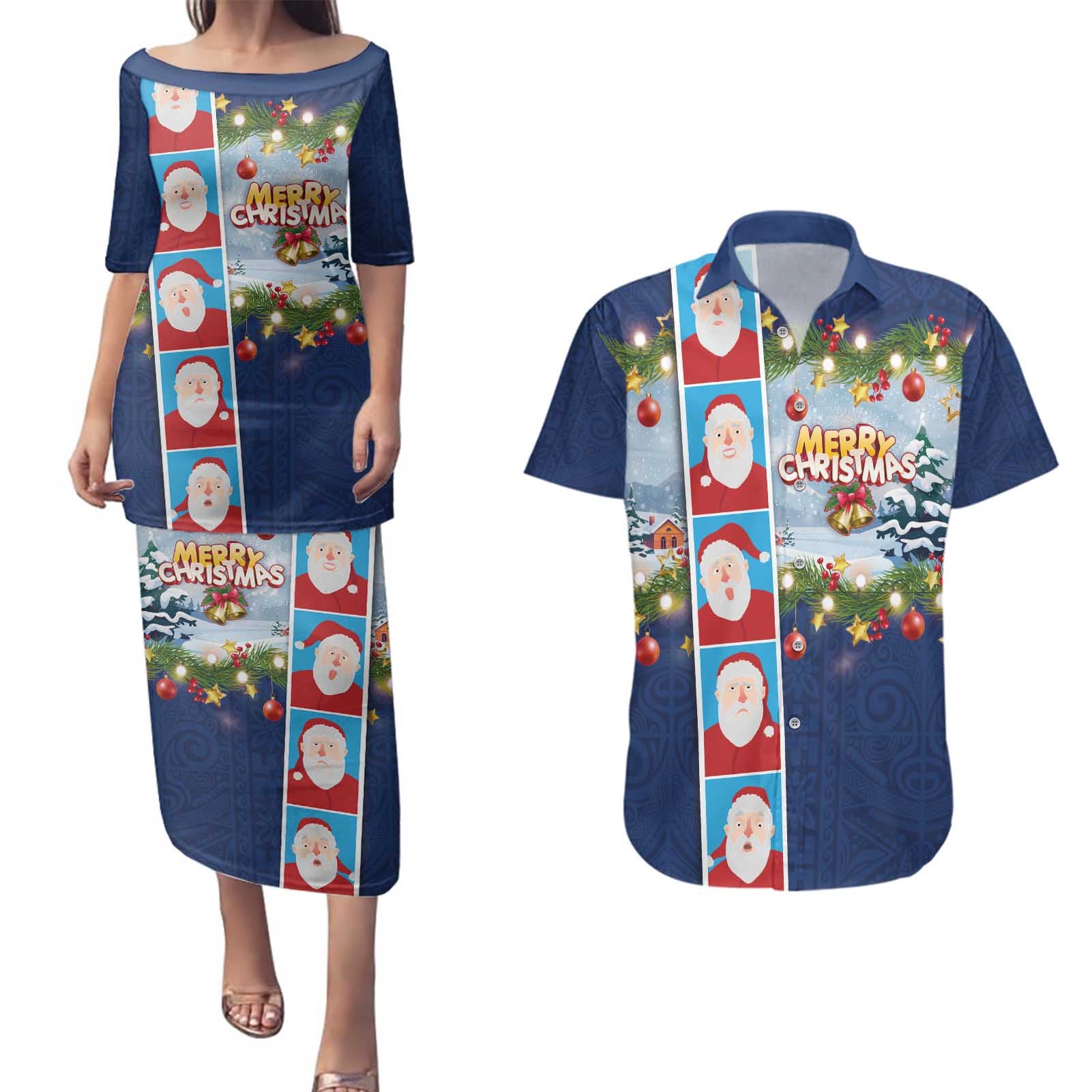 Merry Christmas Couples Matching Puletasi and Hawaiian Shirt Funny Santa Claus Cards Photo and Polynesian Pattern Blue Color
