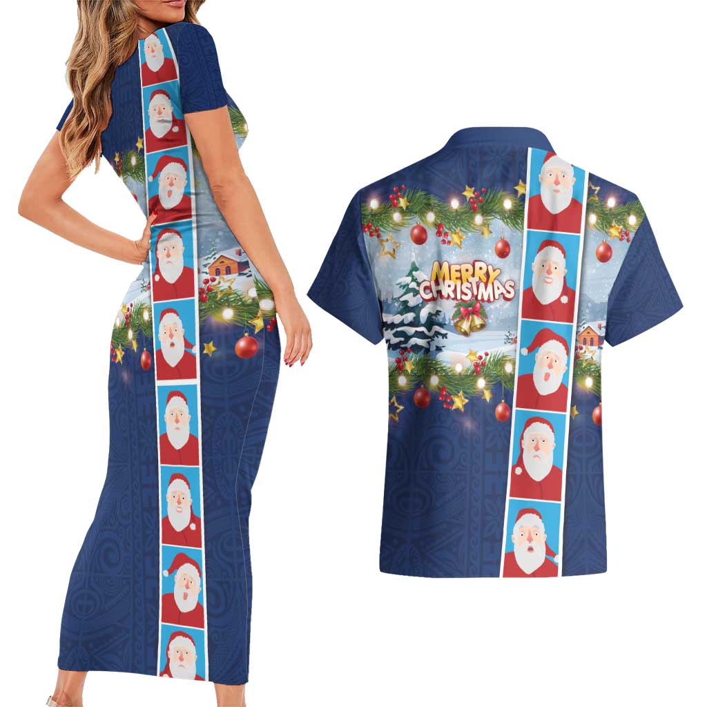 Merry Christmas Couples Matching Short Sleeve Bodycon Dress and Hawaiian Shirt Funny Santa Claus Cards Photo and Polynesian Pattern Blue Color