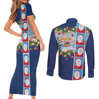 Merry Christmas Couples Matching Short Sleeve Bodycon Dress and Long Sleeve Button Shirt Funny Santa Claus Cards Photo and Polynesian Pattern Blue Color