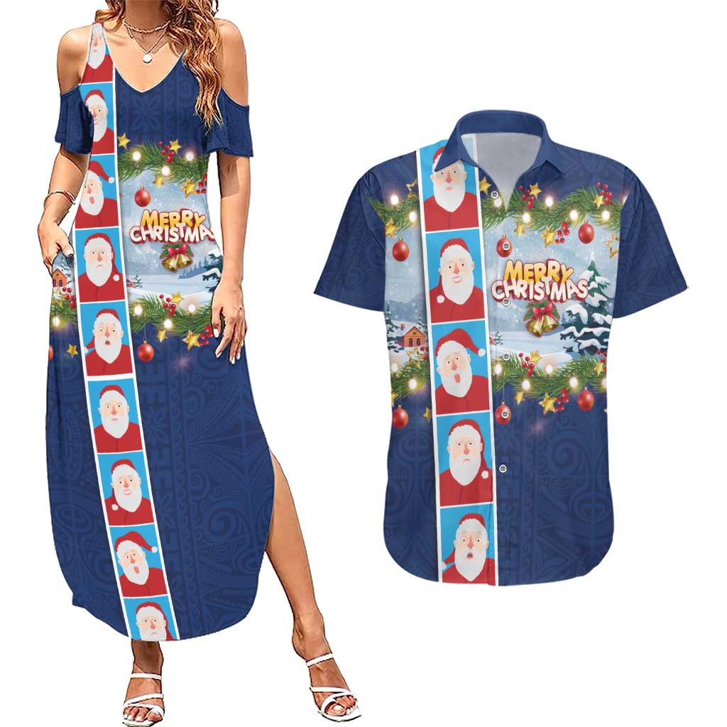Merry Christmas Couples Matching Summer Maxi Dress and Hawaiian Shirt Funny Santa Claus Cards Photo and Polynesian Pattern Blue Color