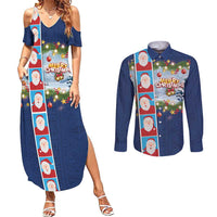 Merry Christmas Couples Matching Summer Maxi Dress and Long Sleeve Button Shirt Funny Santa Claus Cards Photo and Polynesian Pattern Blue Color