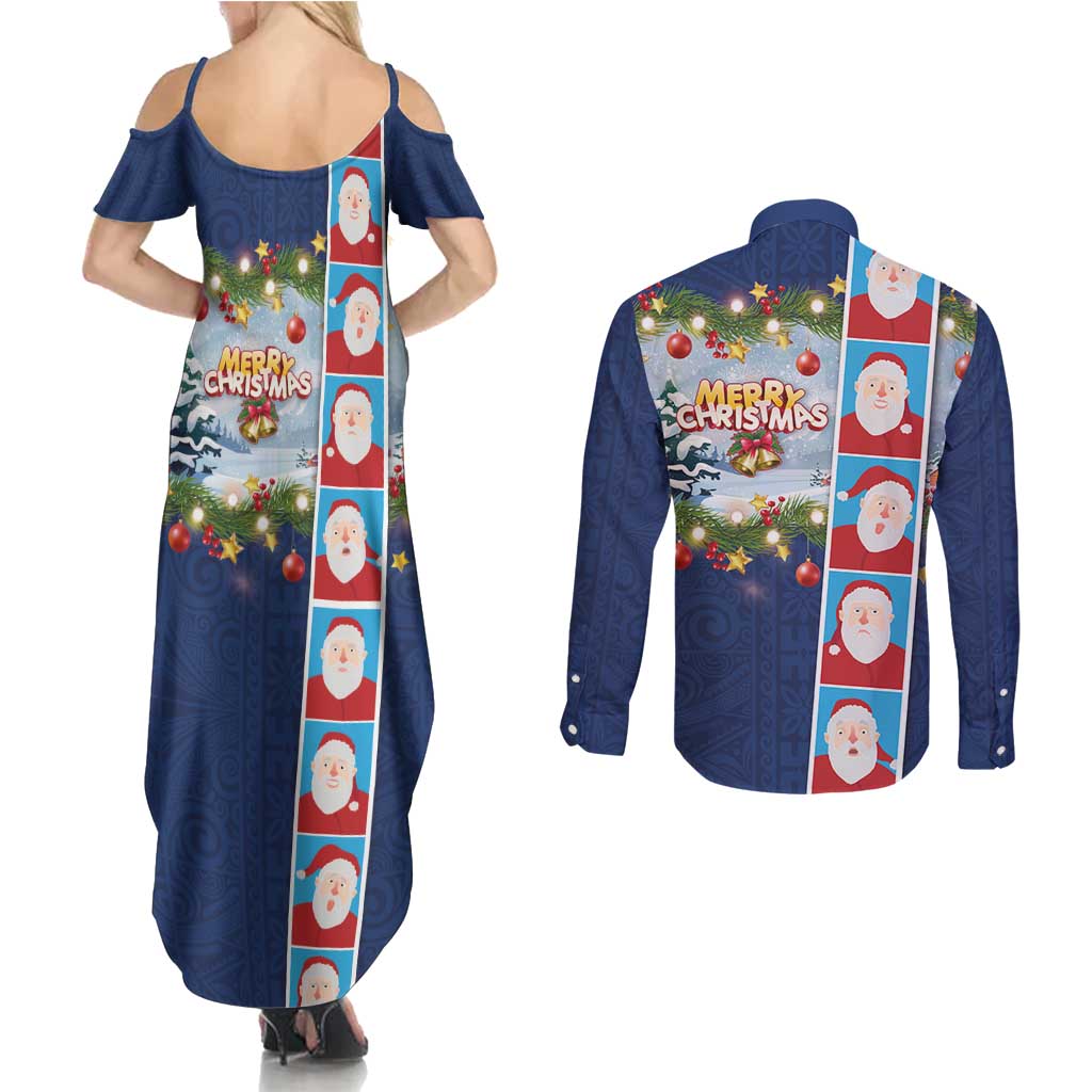 Merry Christmas Couples Matching Summer Maxi Dress and Long Sleeve Button Shirt Funny Santa Claus Cards Photo and Polynesian Pattern Blue Color