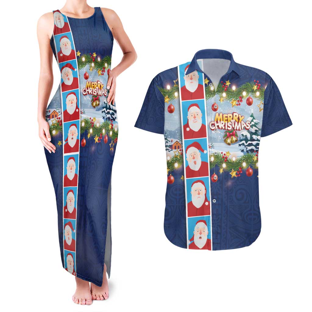 Merry Christmas Couples Matching Tank Maxi Dress and Hawaiian Shirt Funny Santa Claus Cards Photo and Polynesian Pattern Blue Color