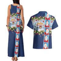 Merry Christmas Couples Matching Tank Maxi Dress and Hawaiian Shirt Funny Santa Claus Cards Photo and Polynesian Pattern Blue Color