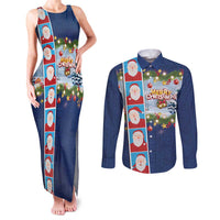Merry Christmas Couples Matching Tank Maxi Dress and Long Sleeve Button Shirt Funny Santa Claus Cards Photo and Polynesian Pattern Blue Color