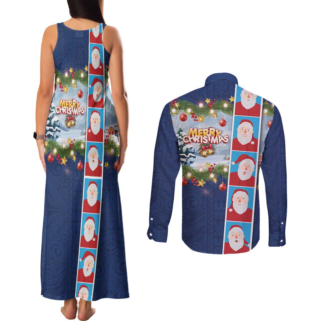 Merry Christmas Couples Matching Tank Maxi Dress and Long Sleeve Button Shirt Funny Santa Claus Cards Photo and Polynesian Pattern Blue Color