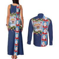 Merry Christmas Couples Matching Tank Maxi Dress and Long Sleeve Button Shirt Funny Santa Claus Cards Photo and Polynesian Pattern Blue Color