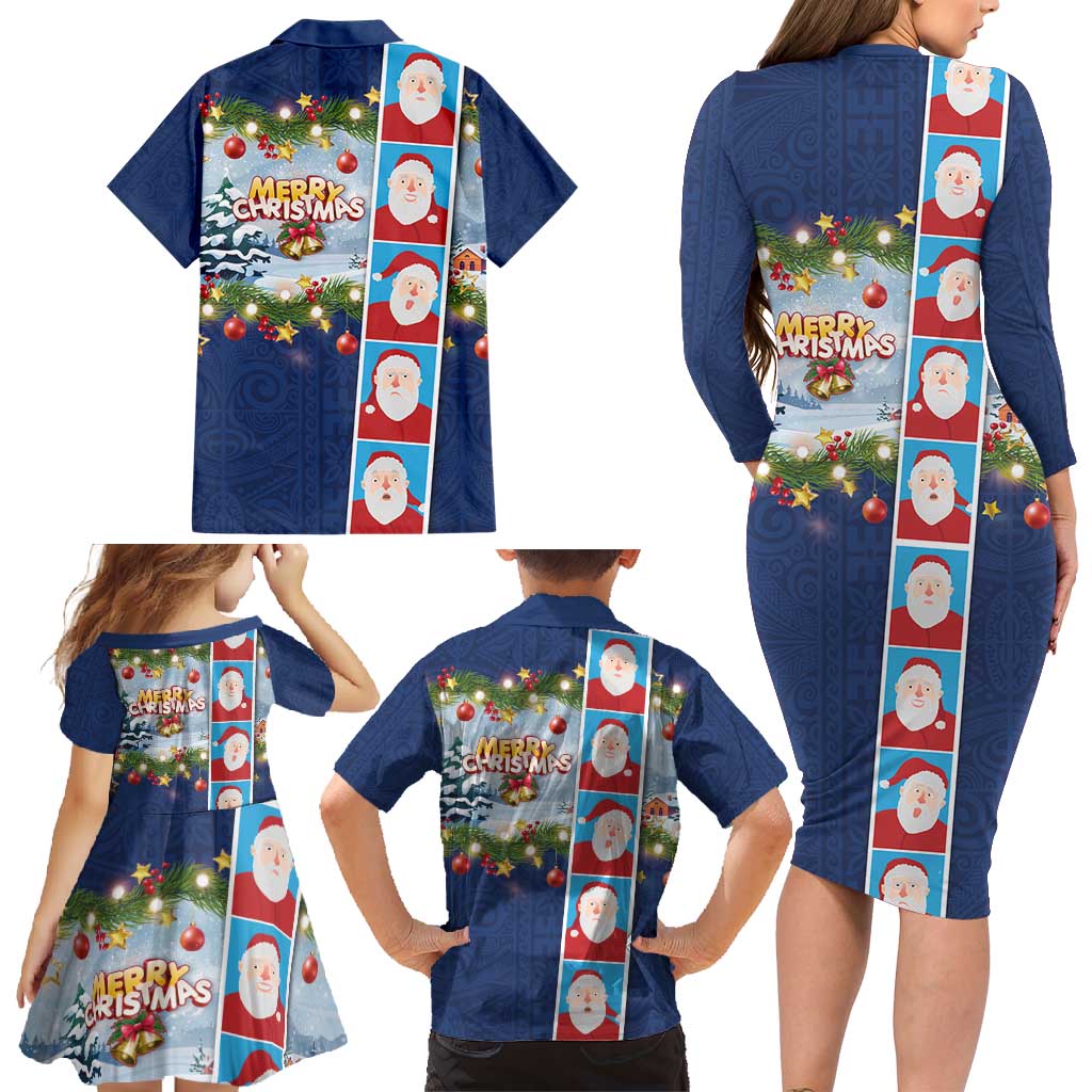 Merry Christmas Family Matching Long Sleeve Bodycon Dress and Hawaiian Shirt Funny Santa Claus Cards Photo and Polynesian Pattern Blue Color LT03 - Polynesian Pride