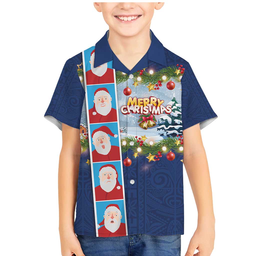 Merry Christmas Family Matching Mermaid Dress and Hawaiian Shirt Funny Santa Claus Cards Photo and Polynesian Pattern Blue Color LT03 Son's Shirt Blue - Polynesian Pride