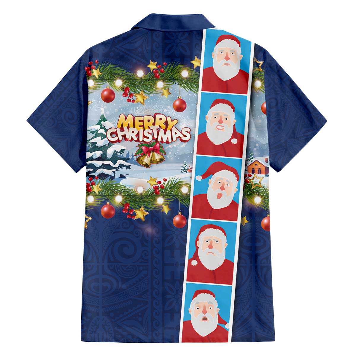 Merry Christmas Family Matching Off The Shoulder Long Sleeve Dress and Hawaiian Shirt Funny Santa Claus Cards Photo and Polynesian Pattern Blue Color