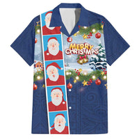 Merry Christmas Family Matching Off Shoulder Maxi Dress and Hawaiian Shirt Funny Santa Claus Cards Photo and Polynesian Pattern Blue Color LT03 Dad's Shirt - Short Sleeve Blue - Polynesian Pride