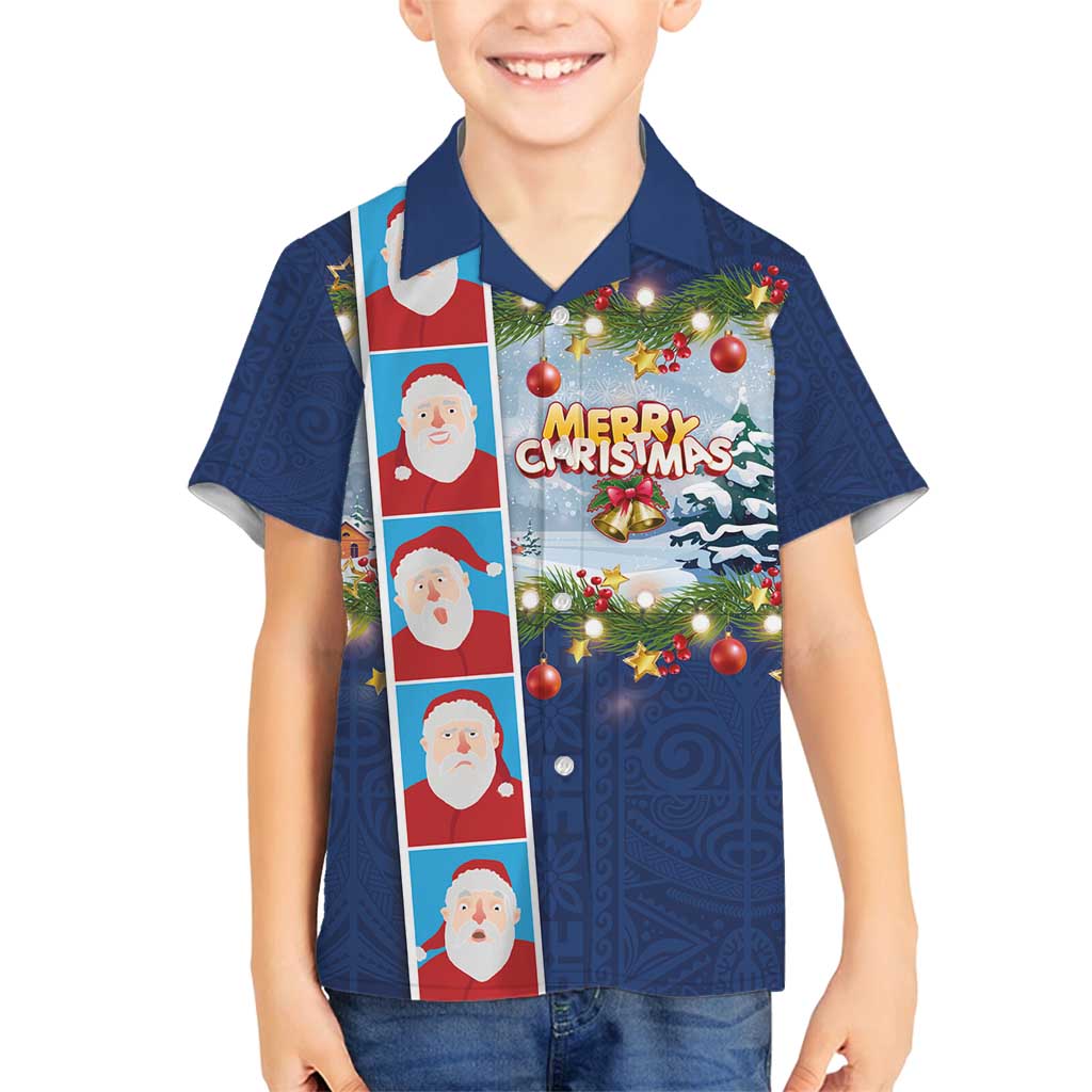 Merry Christmas Family Matching Off Shoulder Maxi Dress and Hawaiian Shirt Funny Santa Claus Cards Photo and Polynesian Pattern Blue Color LT03 Son's Shirt Blue - Polynesian Pride