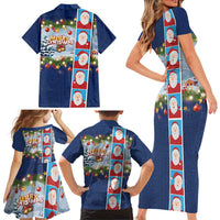 Merry Christmas Family Matching Short Sleeve Bodycon Dress and Hawaiian Shirt Funny Santa Claus Cards Photo and Polynesian Pattern Blue Color LT03 - Polynesian Pride