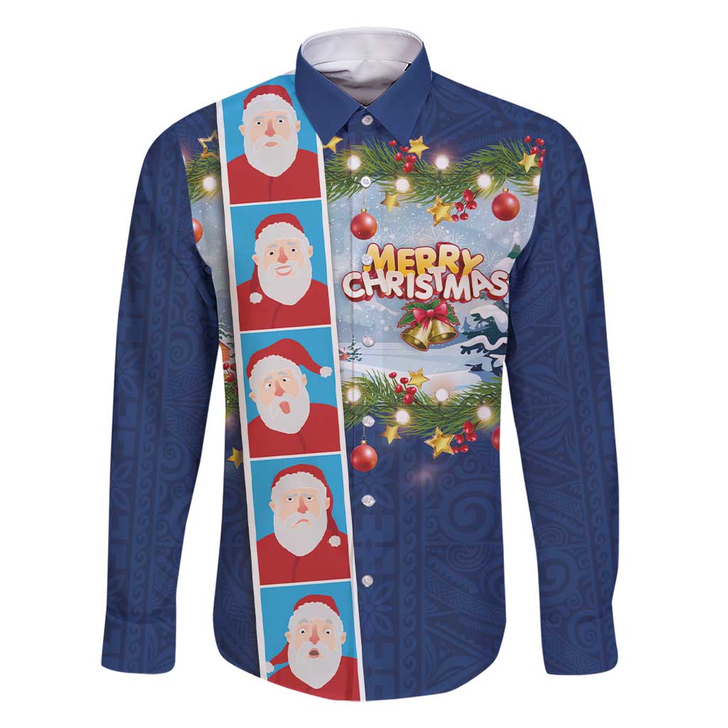 Merry Christmas Family Matching Short Sleeve Bodycon Dress and Hawaiian Shirt Funny Santa Claus Cards Photo and Polynesian Pattern Blue Color LT03 Dad's Shirt - Long Sleeve Blue - Polynesian Pride